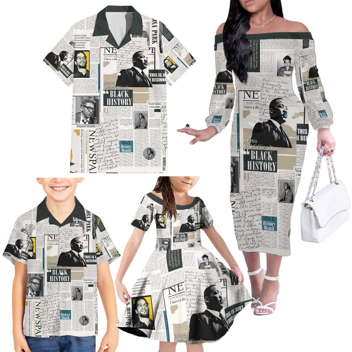 Civil Rights Leaders Family Matching Off The Shoulder Long Sleeve Dress and Hawaiian Shirt Newspaper Print Style - Wonder Print Shop
