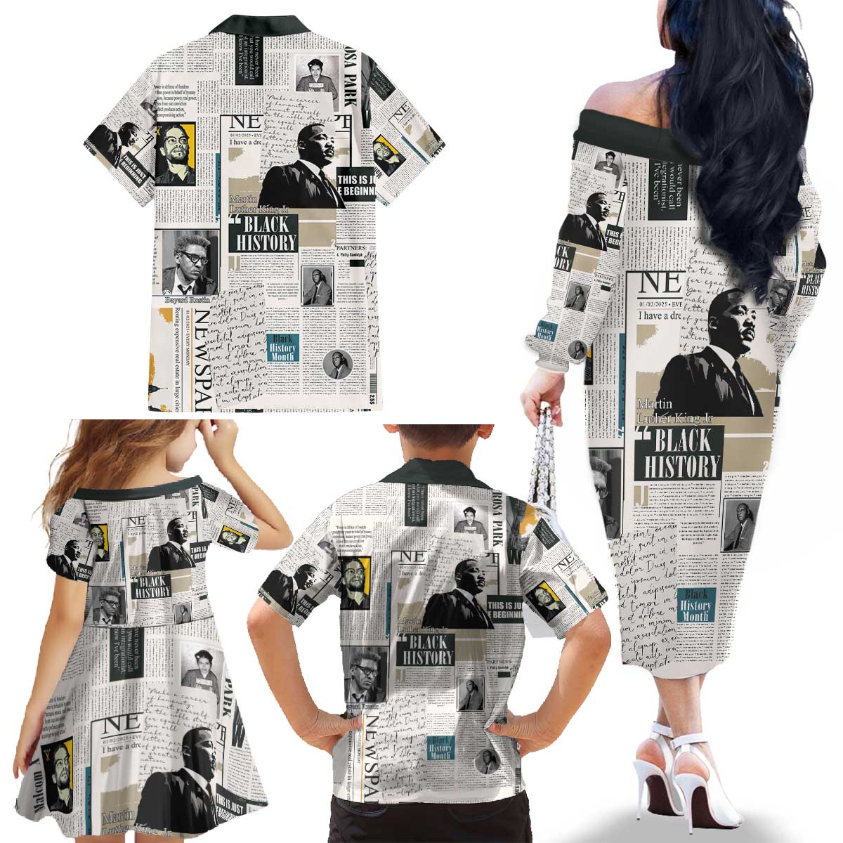 Civil Rights Leaders Family Matching Off The Shoulder Long Sleeve Dress and Hawaiian Shirt Newspaper Print Style - Wonder Print Shop