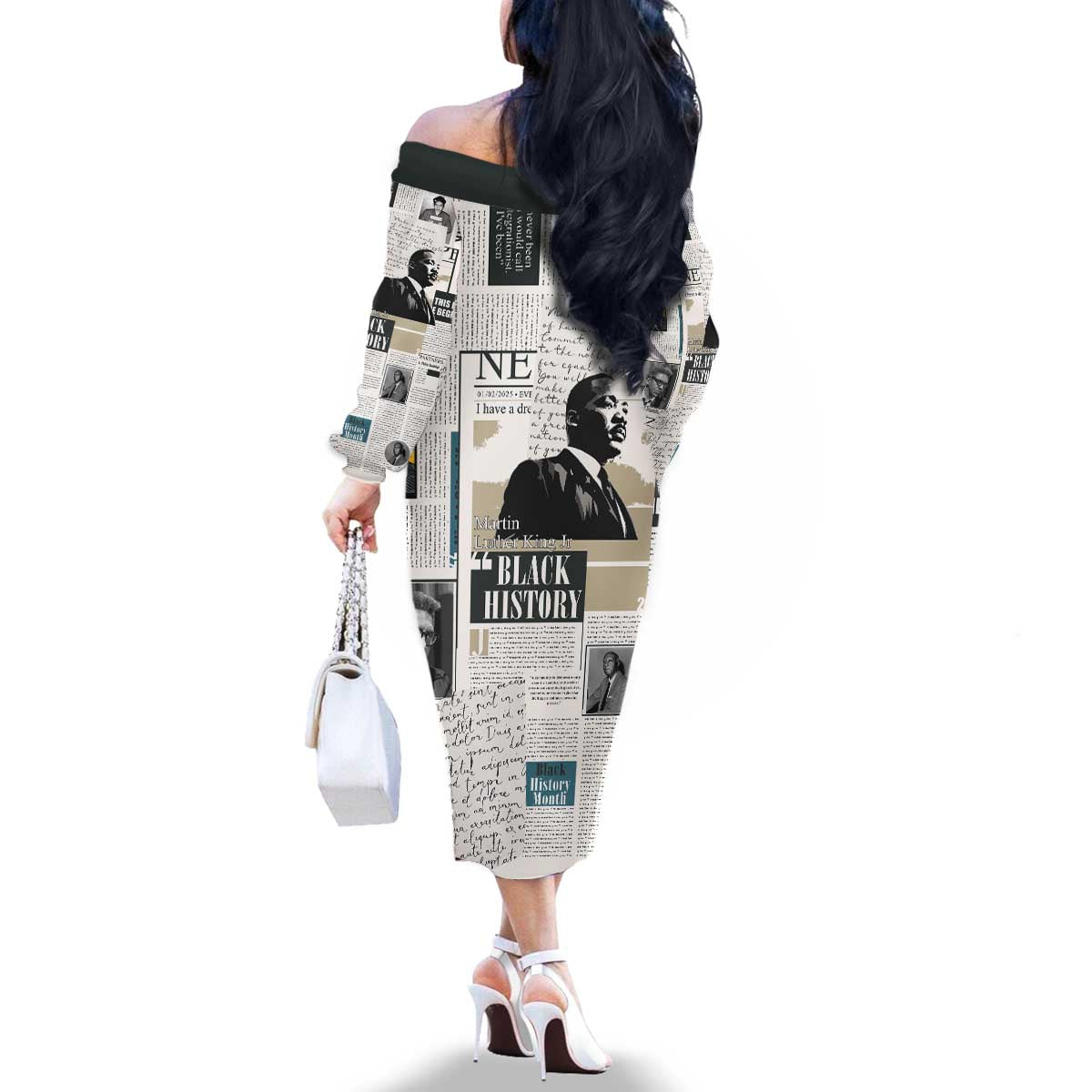 Civil Rights Leaders Family Matching Off The Shoulder Long Sleeve Dress and Hawaiian Shirt Newspaper Print Style - Wonder Print Shop