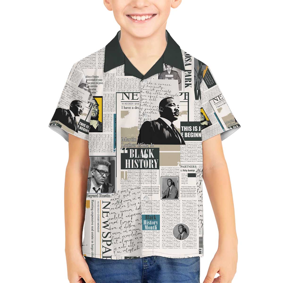 Civil Rights Leaders Family Matching Off The Shoulder Long Sleeve Dress and Hawaiian Shirt Newspaper Print Style - Wonder Print Shop