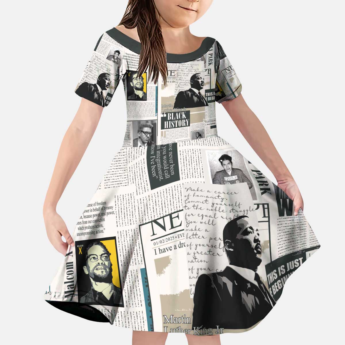 Civil Rights Leaders Kid Short Sleeve Dress Newspaper Print Style - Wonder Print Shop