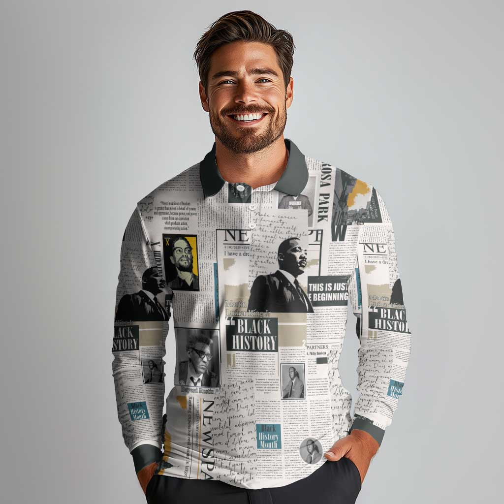 Civil Rights Leaders Long Sleeve Polo Shirt Newspaper Print Style - Wonder Print Shop