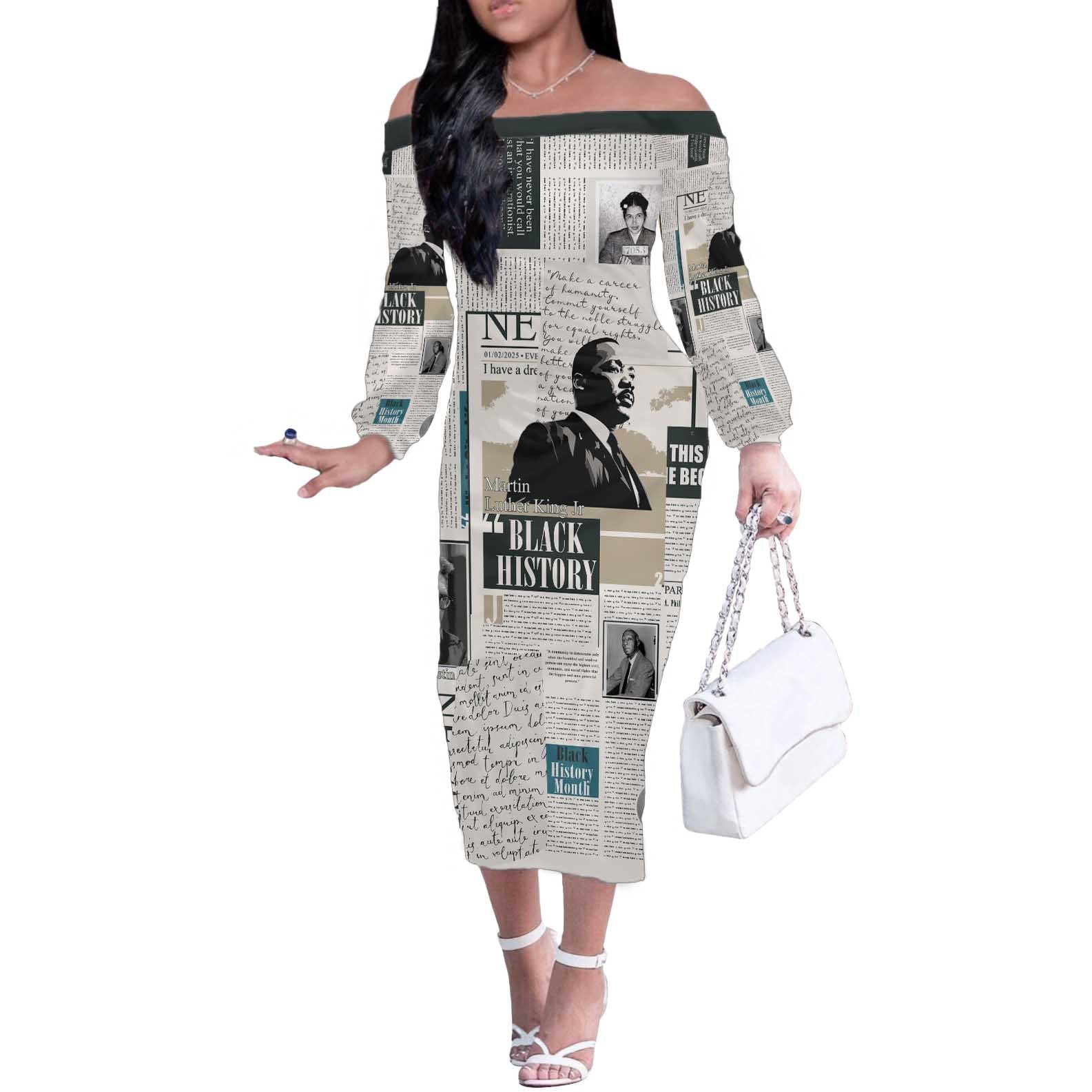 Civil Rights Leaders Off The Shoulder Long Sleeve Dress Newspaper Print Style - Wonder Print Shop