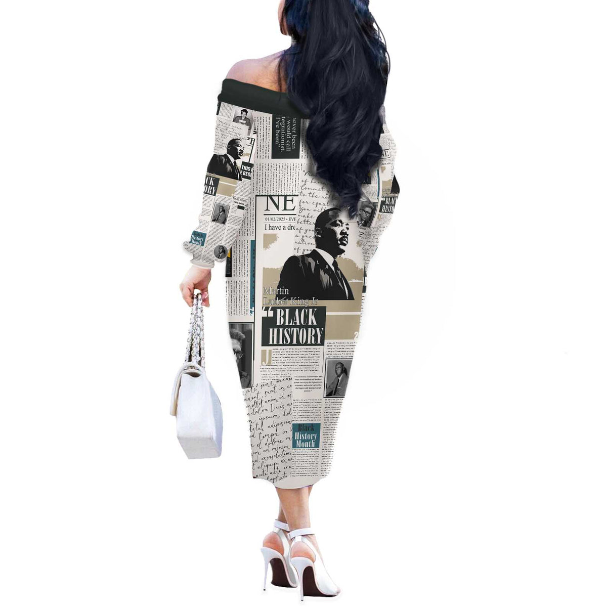 Civil Rights Leaders Off The Shoulder Long Sleeve Dress Newspaper Print Style - Wonder Print Shop