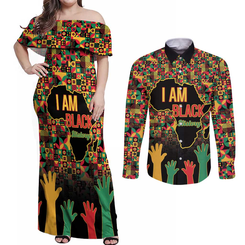 Black History Month Couples Matching Off Shoulder Maxi Dress and Long Sleeve Button Shirt I Am Black History - Wonder Print Shop