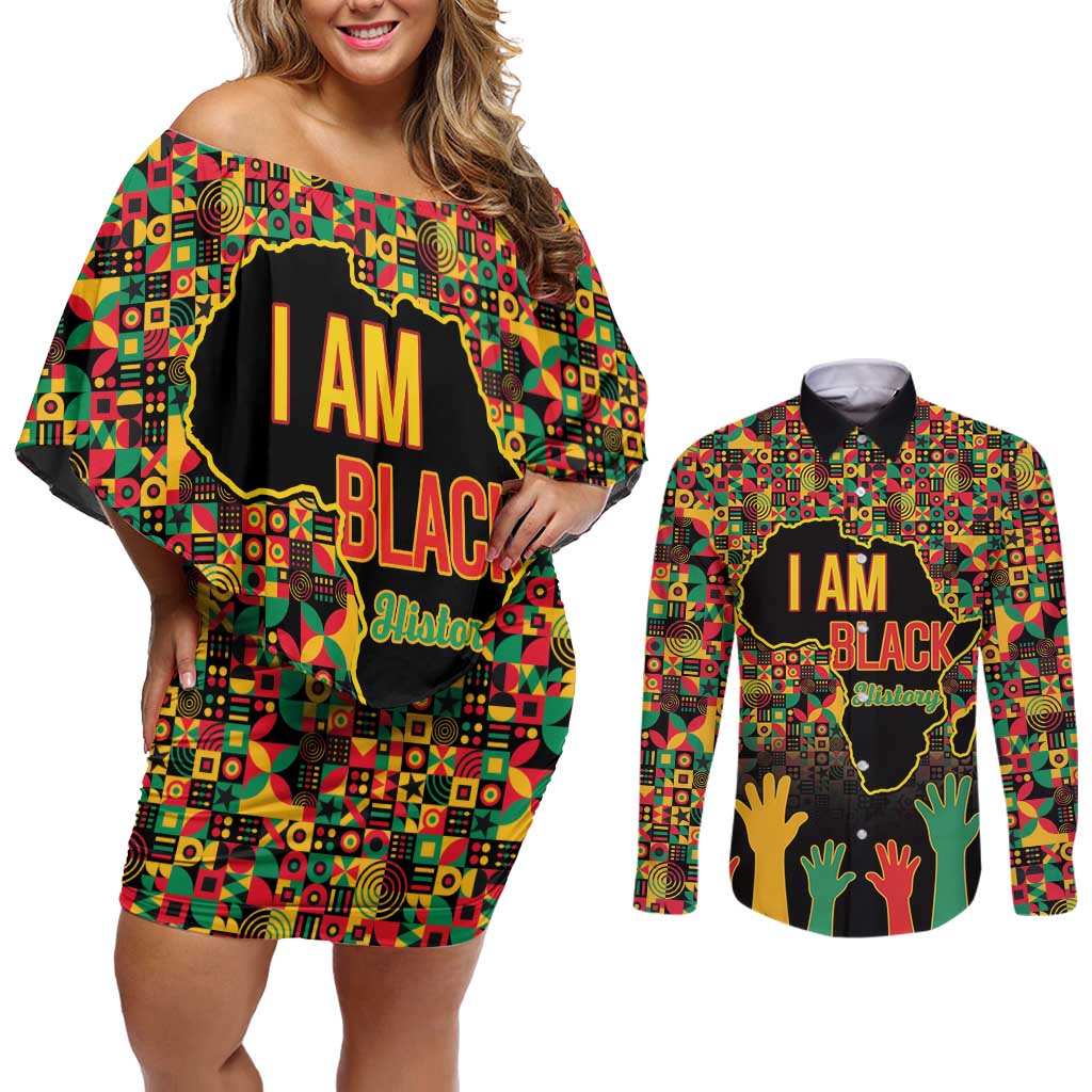 Black History Month Couples Matching Off Shoulder Short Dress and Long Sleeve Button Shirt I Am Black History - Wonder Print Shop