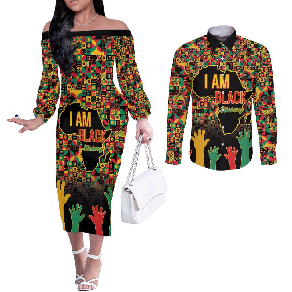 Black History Month Couples Matching Off The Shoulder Long Sleeve Dress and Long Sleeve Button Shirt I Am Black History
