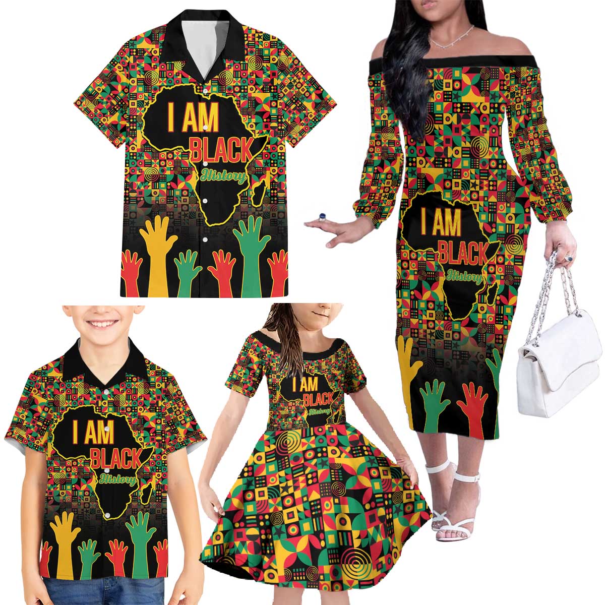 Black History Month Family Matching Off The Shoulder Long Sleeve Dress and Hawaiian Shirt I Am Black History - Wonder Print Shop