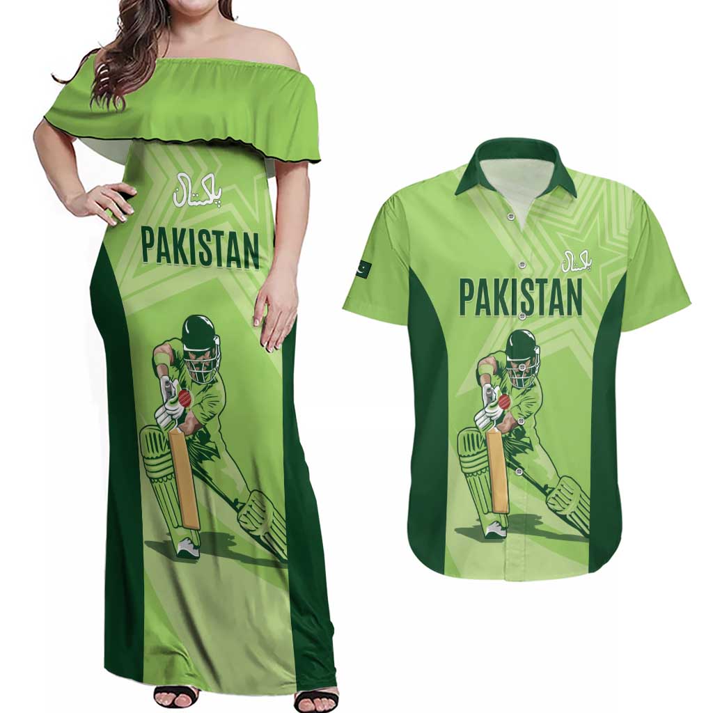 Custom Pakistan Cricket Couples Matching Off Shoulder Maxi Dress and Hawaiian Shirt Go Shaheens LT15