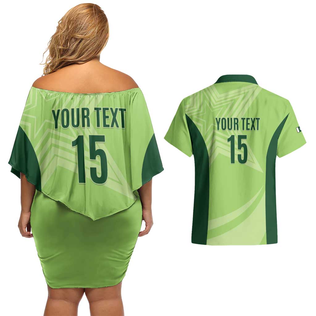 Custom Pakistan Cricket Couples Matching Off Shoulder Short Dress and Hawaiian Shirt Go Shaheens LT15