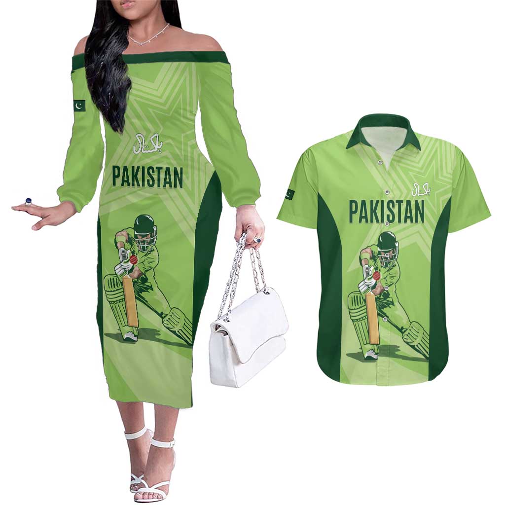 Custom Pakistan Cricket Couples Matching Off The Shoulder Long Sleeve Dress and Hawaiian Shirt Go Shaheens LT15