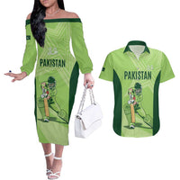 Custom Pakistan Cricket Couples Matching Off The Shoulder Long Sleeve Dress and Hawaiian Shirt Go Shaheens LT15