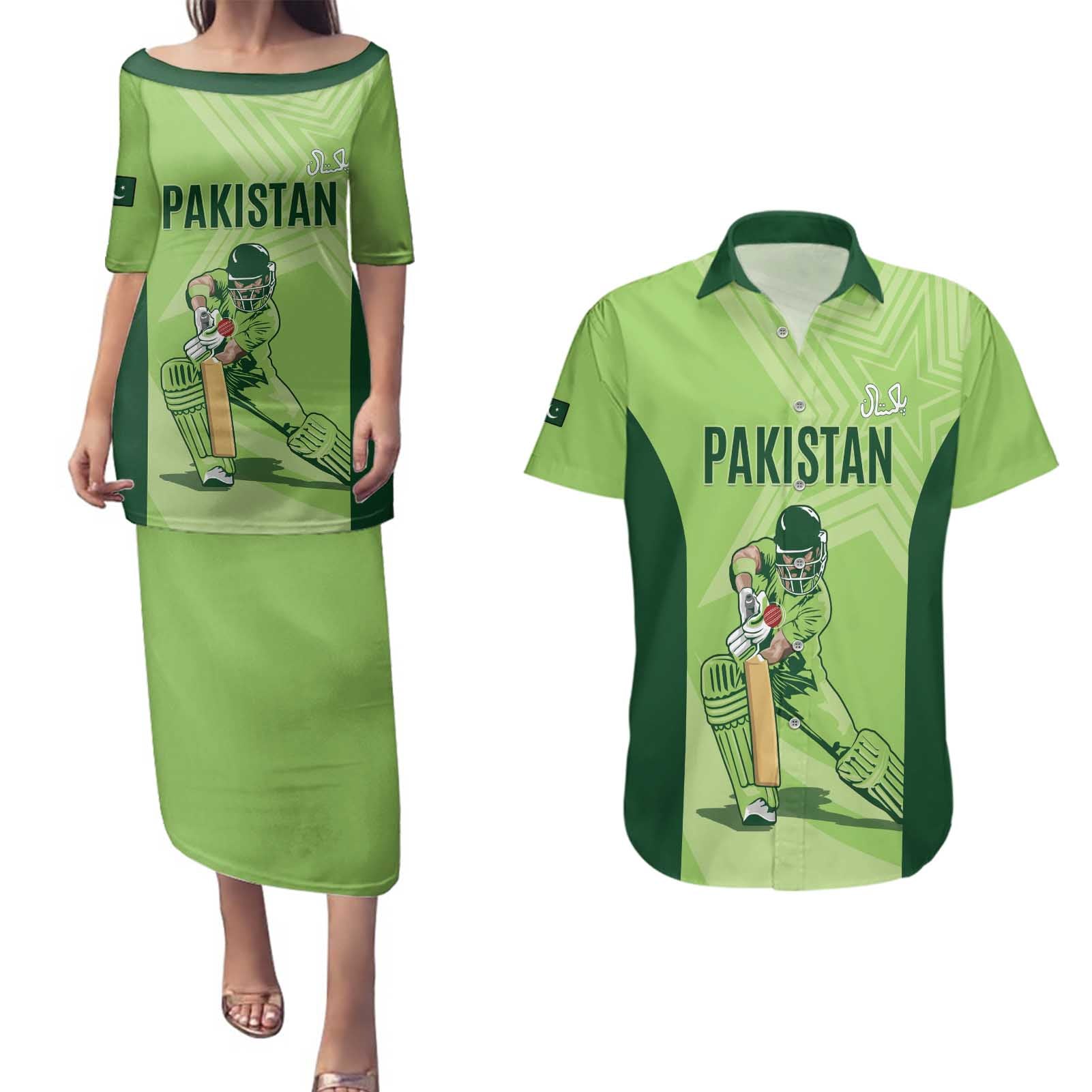 Custom Pakistan Cricket Couples Matching Puletasi and Hawaiian Shirt Go Shaheens LT15