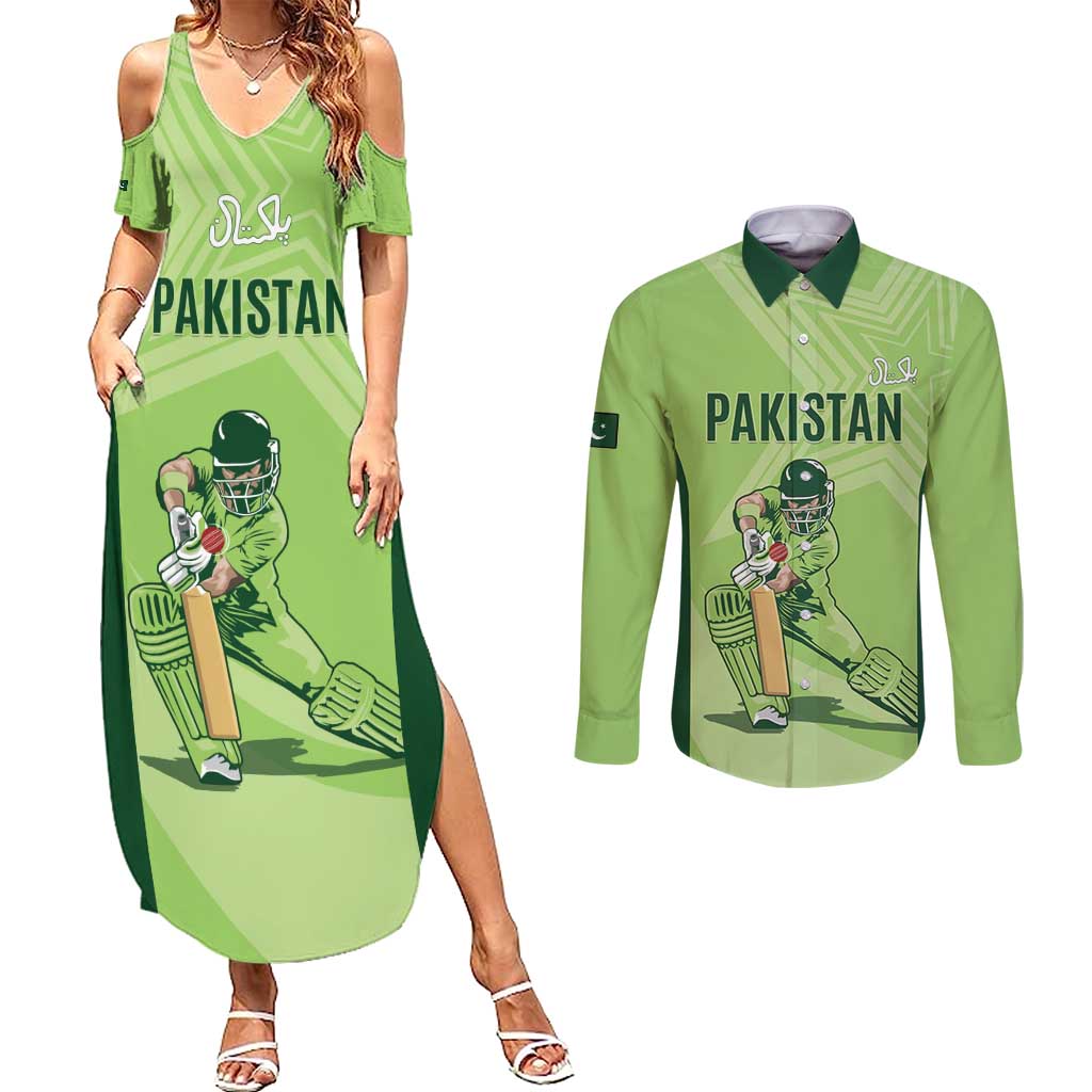 Custom Pakistan Cricket Couples Matching Summer Maxi Dress and Long Sleeve Button Shirt Go Shaheens LT15