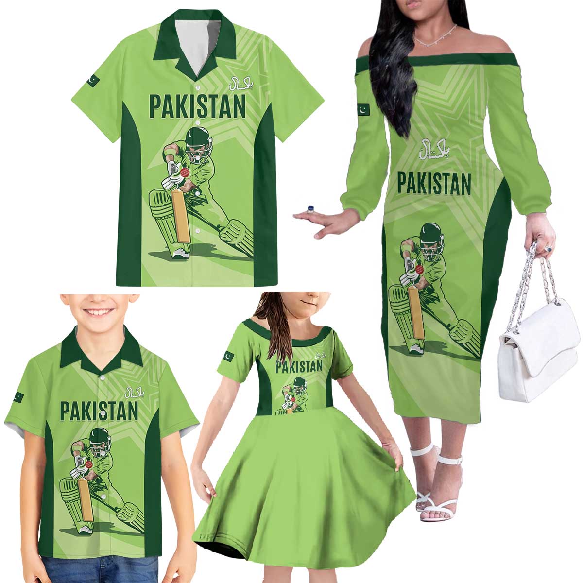 Custom Pakistan Cricket Family Matching Off The Shoulder Long Sleeve Dress and Hawaiian Shirt Go Shaheens LT15