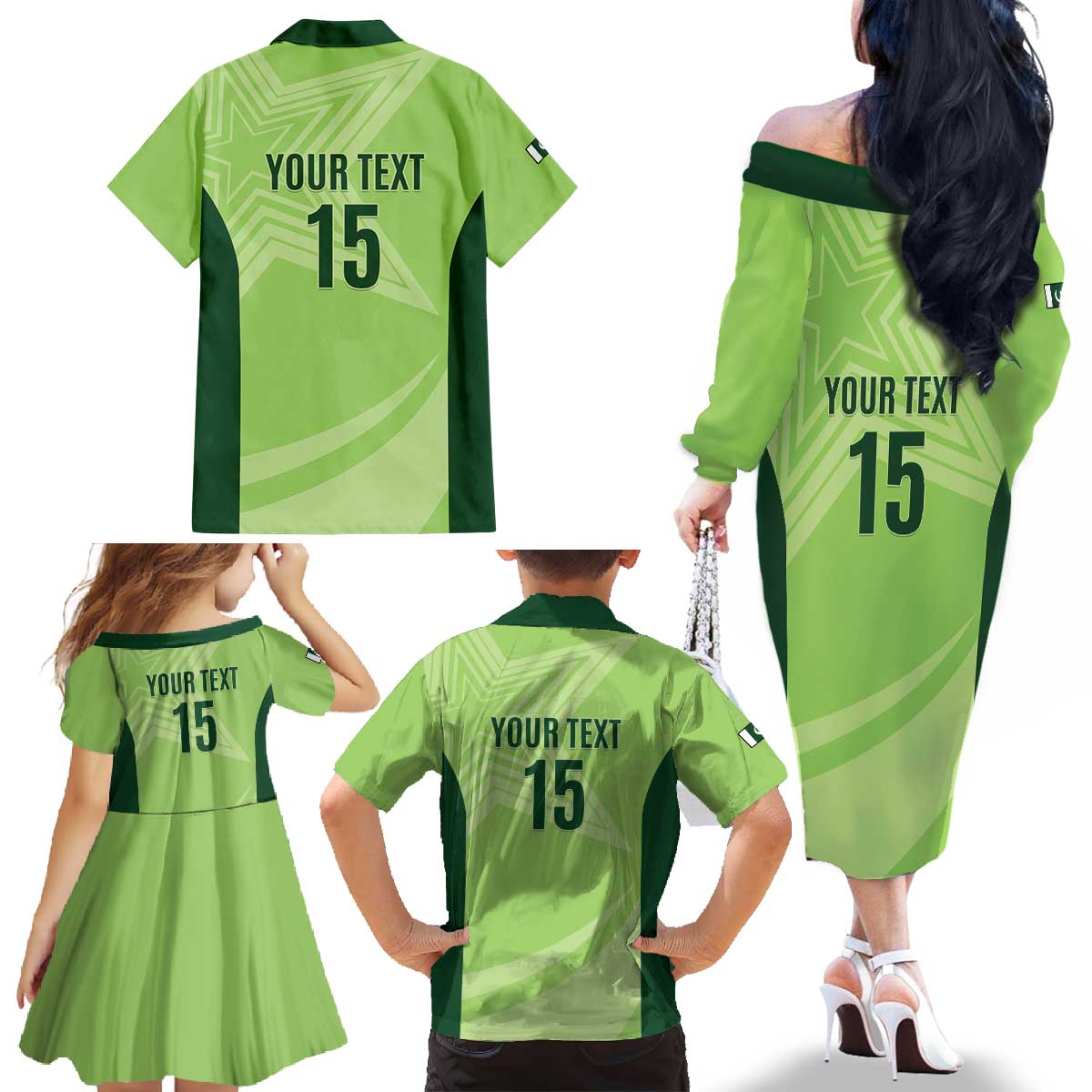 Custom Pakistan Cricket Family Matching Off The Shoulder Long Sleeve Dress and Hawaiian Shirt Go Shaheens LT15