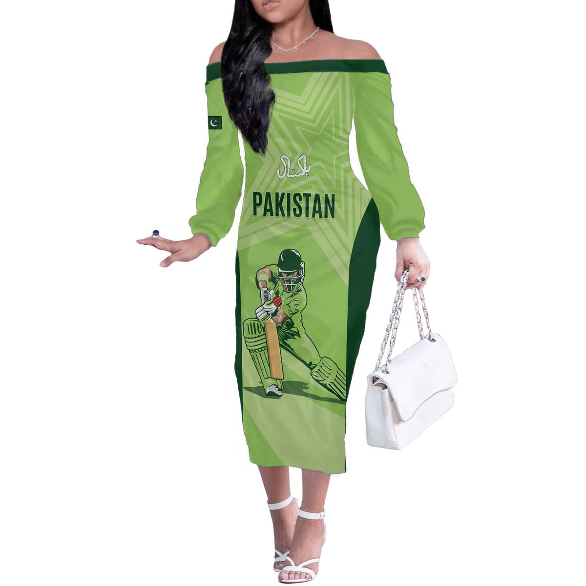 Custom Pakistan Cricket Off The Shoulder Long Sleeve Dress Go Shaheens LT15