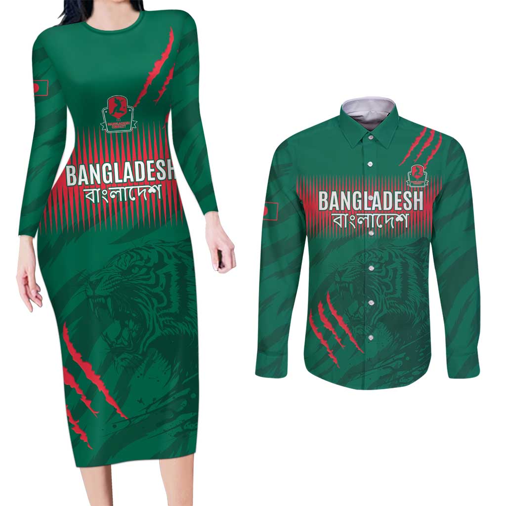 Custom Bangladesh Cricket Couples Matching Long Sleeve Bodycon Dress and Long Sleeve Button Shirt Go Tigers