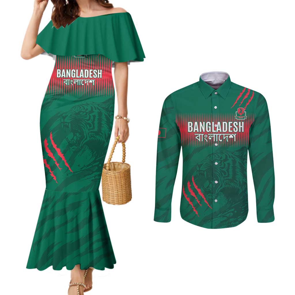 Custom Bangladesh Cricket Couples Matching Mermaid Dress and Long Sleeve Button Shirt Go Tigers