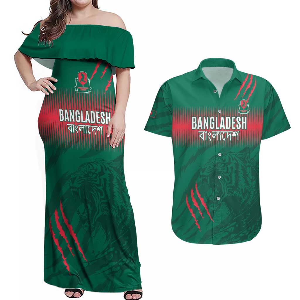 Custom Bangladesh Cricket Couples Matching Off Shoulder Maxi Dress and Hawaiian Shirt Go Tigers