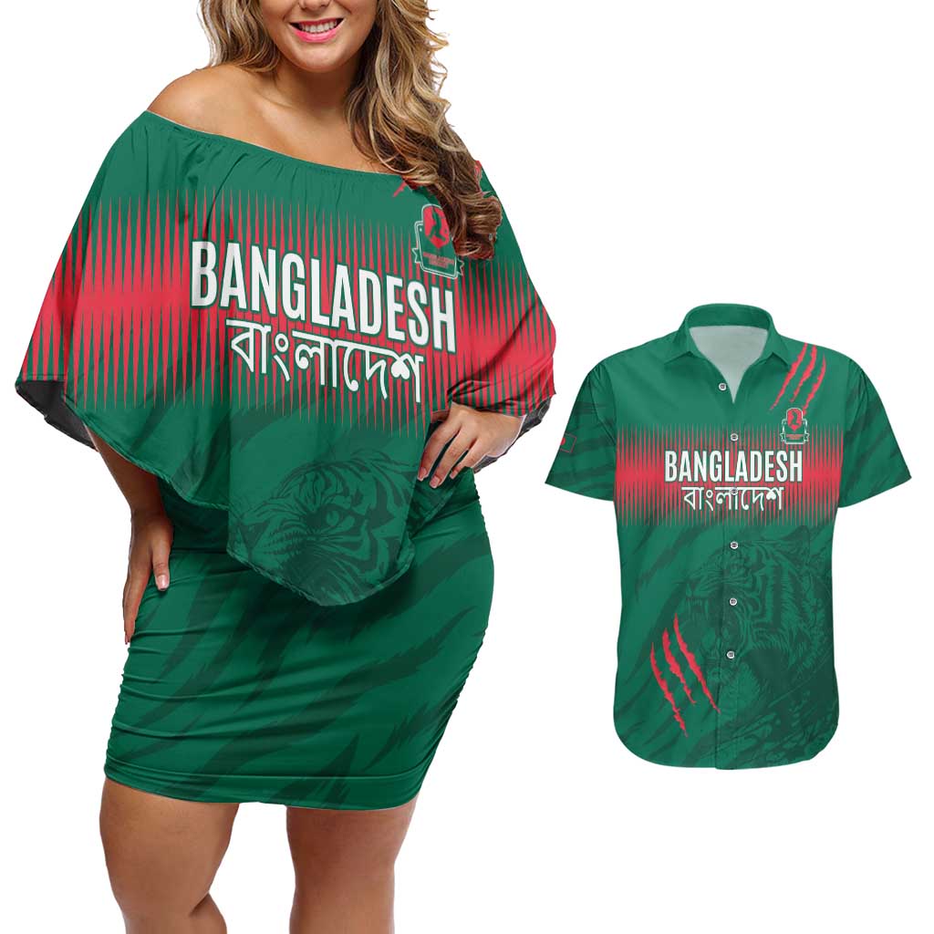 Custom Bangladesh Cricket Couples Matching Off Shoulder Short Dress and Hawaiian Shirt Go Tigers