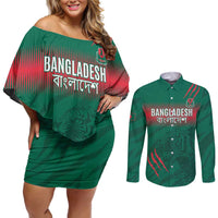 Custom Bangladesh Cricket Couples Matching Off Shoulder Short Dress and Long Sleeve Button Shirt Go Tigers