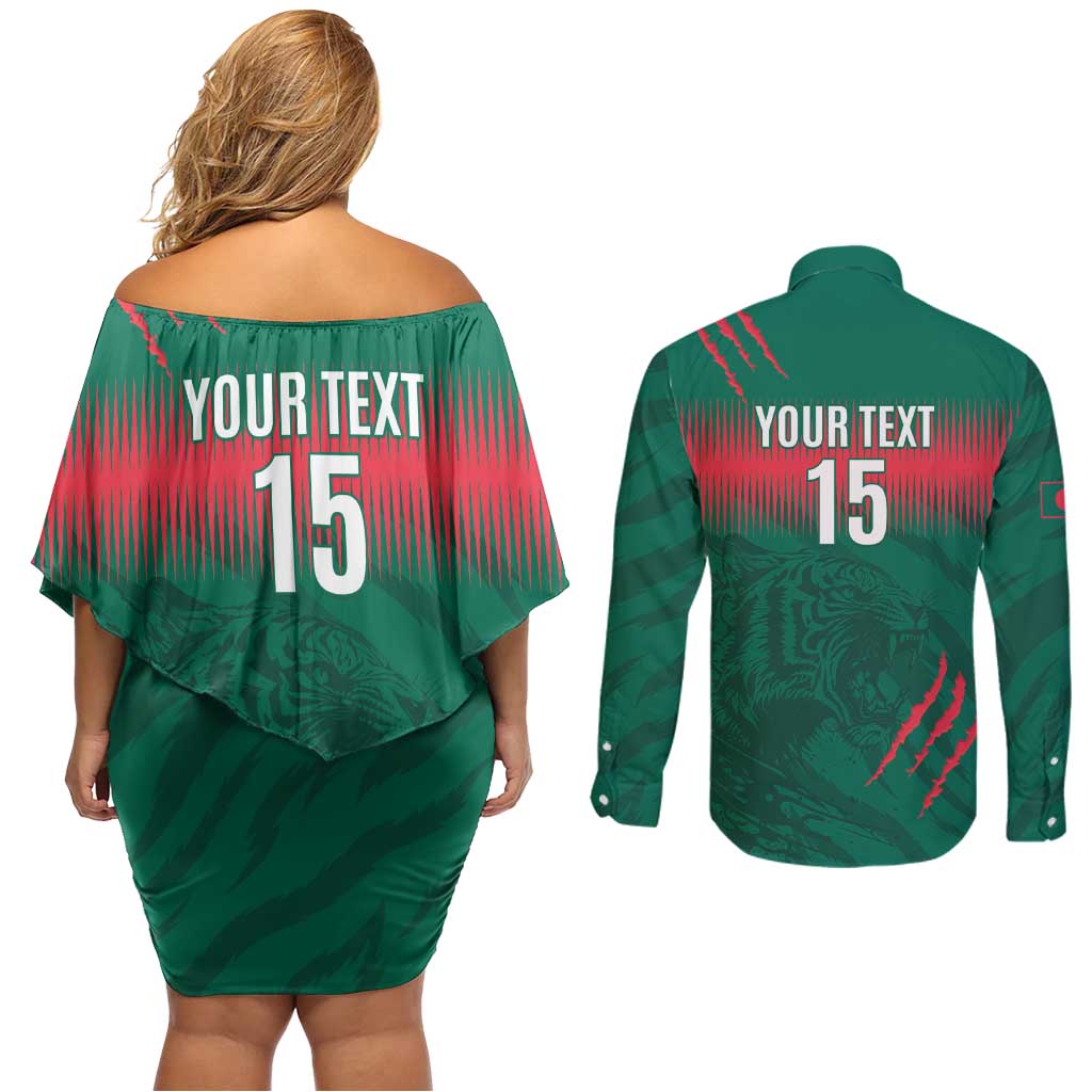 Custom Bangladesh Cricket Couples Matching Off Shoulder Short Dress and Long Sleeve Button Shirt Go Tigers