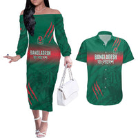 Custom Bangladesh Cricket Couples Matching Off The Shoulder Long Sleeve Dress and Hawaiian Shirt Go Tigers