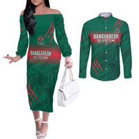 Custom Bangladesh Cricket Couples Matching Off The Shoulder Long Sleeve Dress and Long Sleeve Button Shirt Go Tigers
