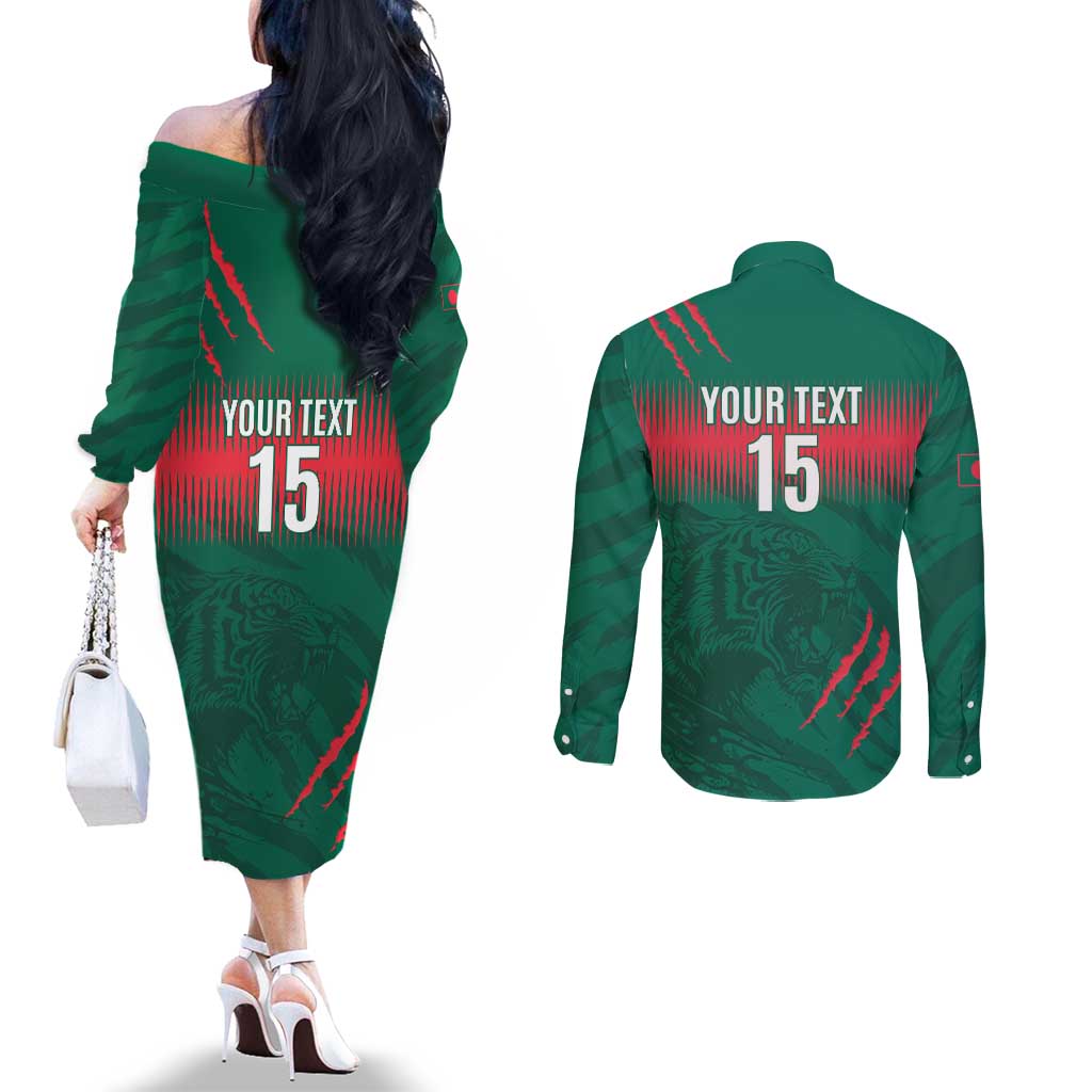 Custom Bangladesh Cricket Couples Matching Off The Shoulder Long Sleeve Dress and Long Sleeve Button Shirt Go Tigers