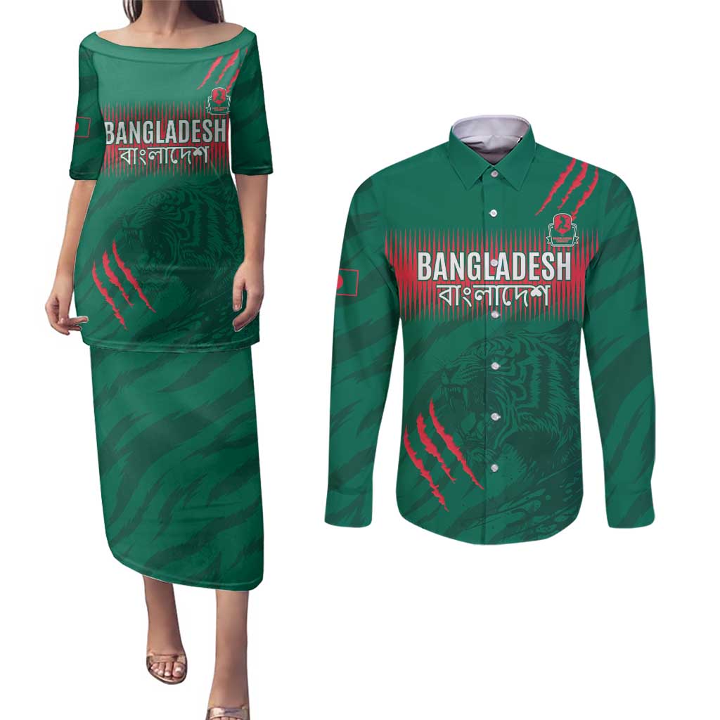 Custom Bangladesh Cricket Couples Matching Puletasi and Long Sleeve Button Shirt Go Tigers