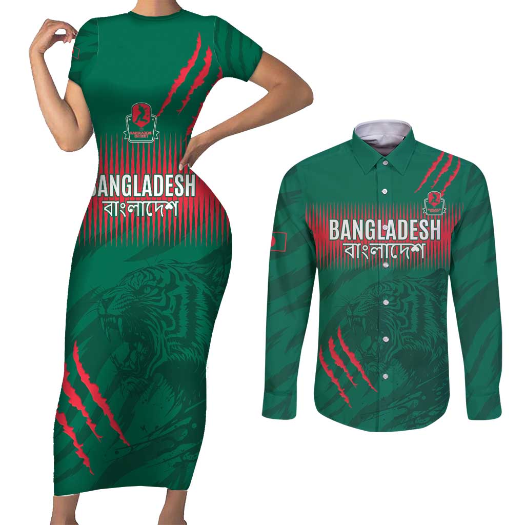 Custom Bangladesh Cricket Couples Matching Short Sleeve Bodycon Dress and Long Sleeve Button Shirt Go Tigers