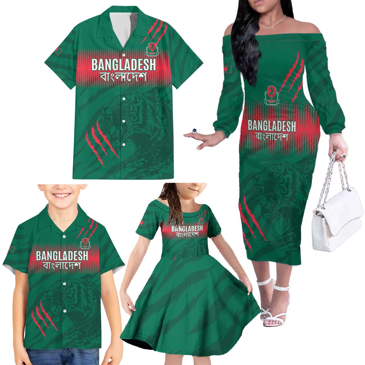 Custom Bangladesh Cricket Family Matching Off The Shoulder Long Sleeve Dress and Hawaiian Shirt Go Tigers