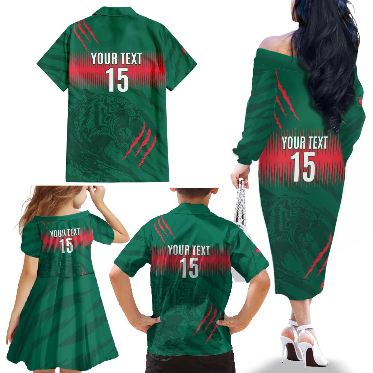 Custom Bangladesh Cricket Family Matching Off The Shoulder Long Sleeve Dress and Hawaiian Shirt Go Tigers