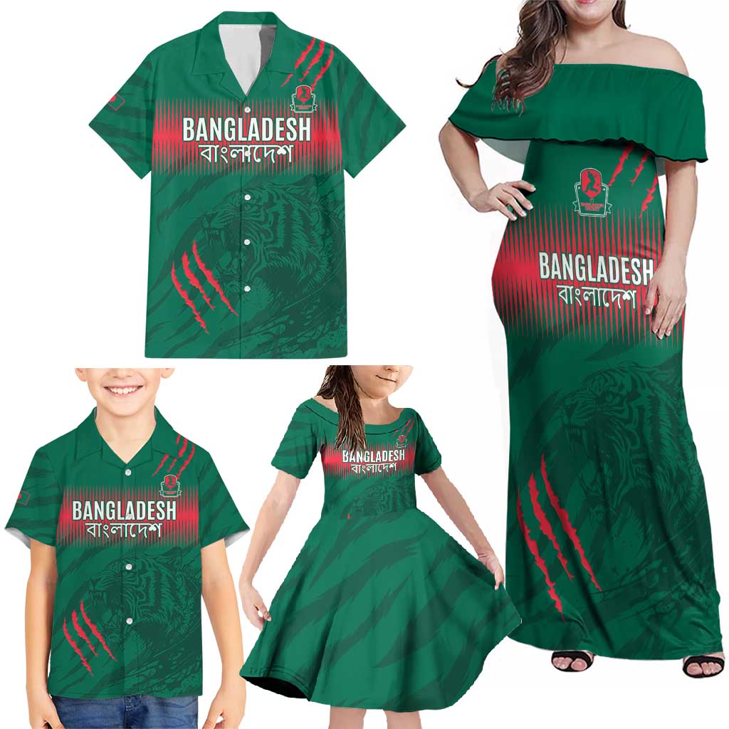 Custom Bangladesh Cricket Family Matching Off Shoulder Maxi Dress and Hawaiian Shirt Go Tigers