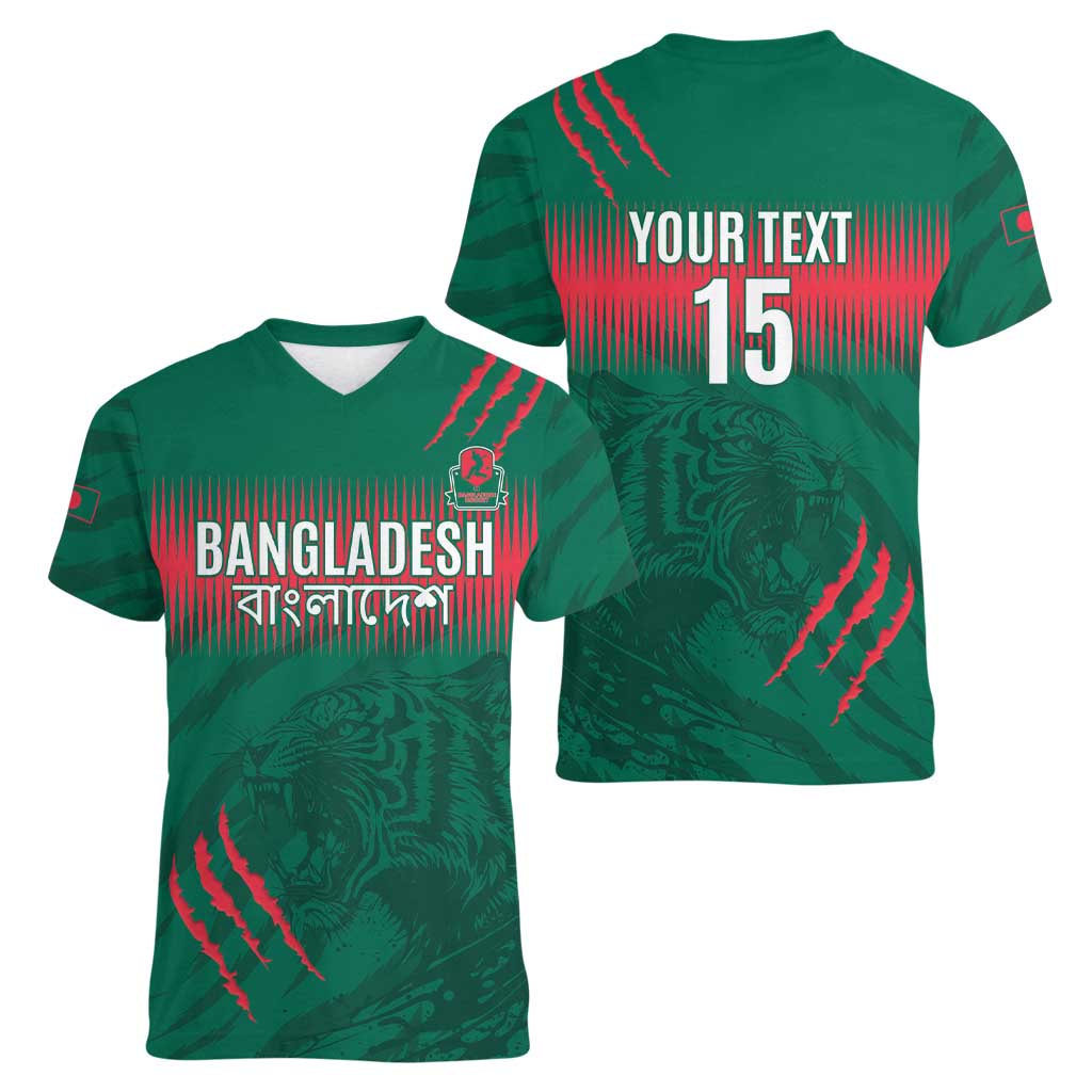 Custom Bangladesh Cricket Women V-Neck T-Shirt Go Tigers