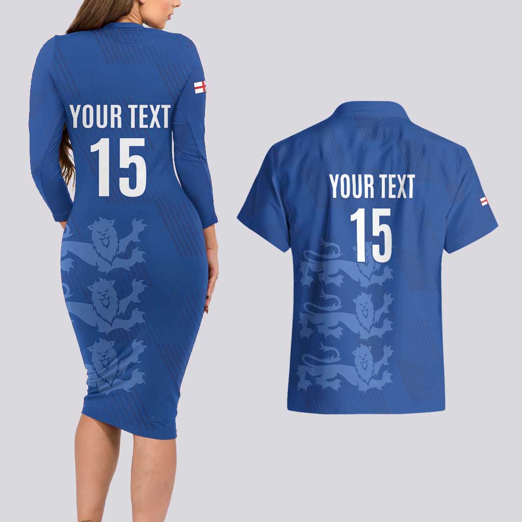 Custom England Cricket Couples Matching Long Sleeve Bodycon Dress and Hawaiian Shirt Go Three Lions - Blue Ver