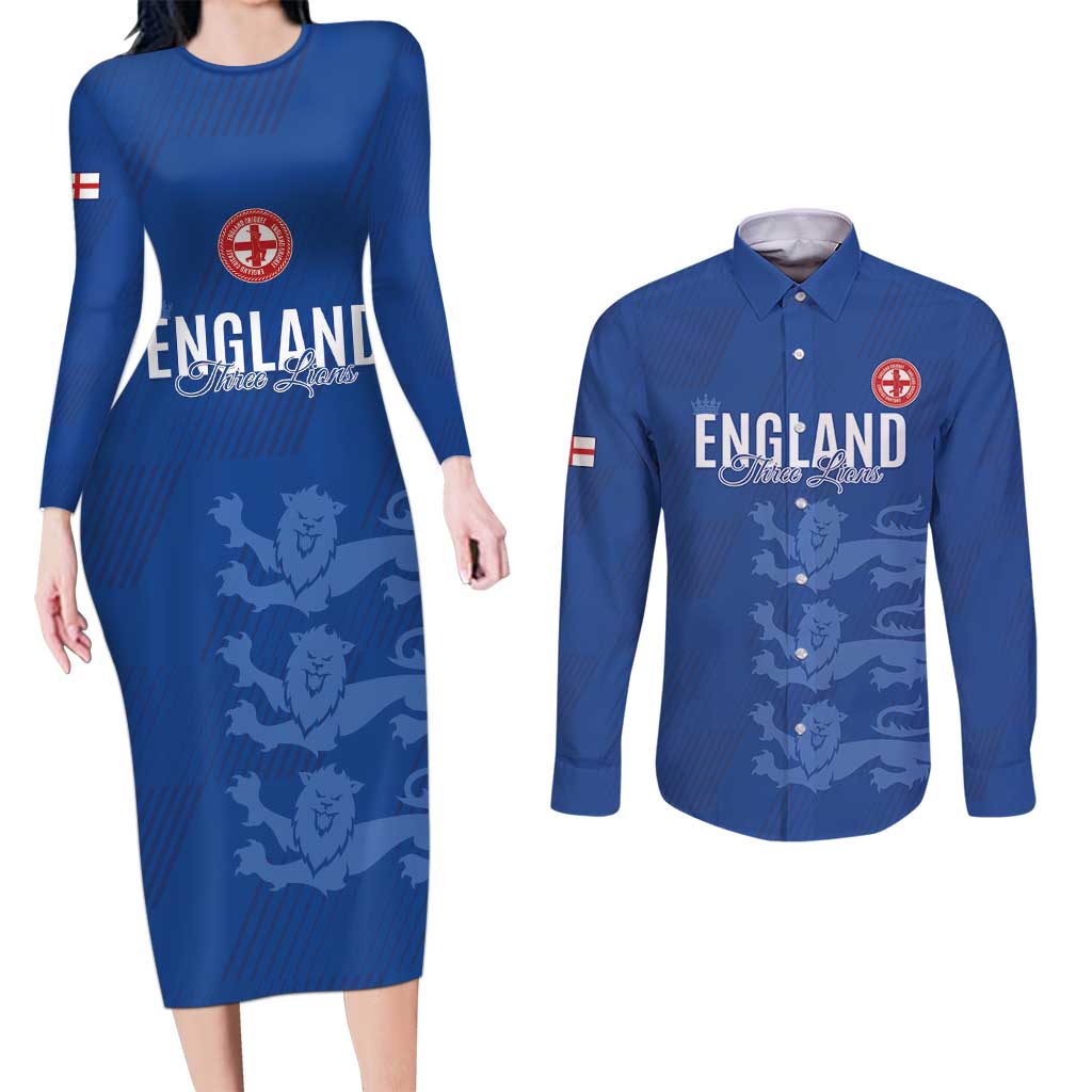 Custom England Cricket Couples Matching Long Sleeve Bodycon Dress and Long Sleeve Button Shirt Go Three Lions - Blue Ver