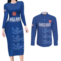 Custom England Cricket Couples Matching Long Sleeve Bodycon Dress and Long Sleeve Button Shirt Go Three Lions - Blue Ver
