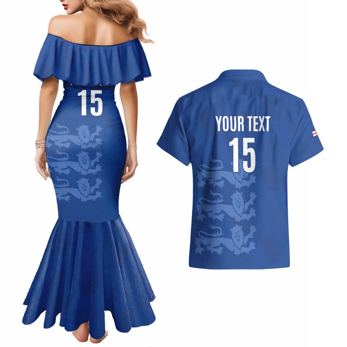 Custom England Cricket Couples Matching Mermaid Dress and Hawaiian Shirt Go Three Lions - Blue Ver