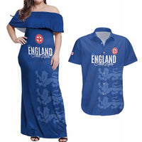 Custom England Cricket Couples Matching Off Shoulder Maxi Dress and Hawaiian Shirt Go Three Lions - Blue Ver