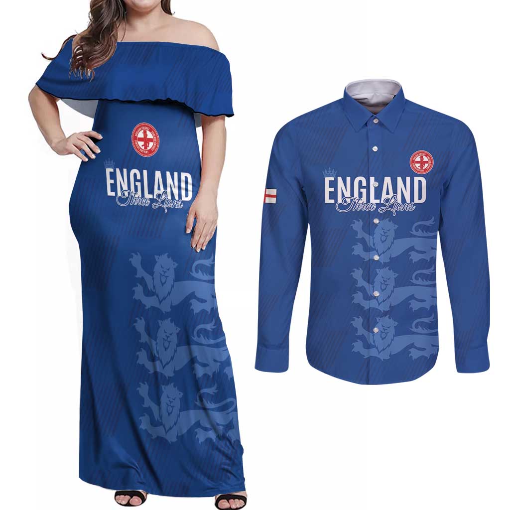 Custom England Cricket Couples Matching Off Shoulder Maxi Dress and Long Sleeve Button Shirt Go Three Lions - Blue Ver