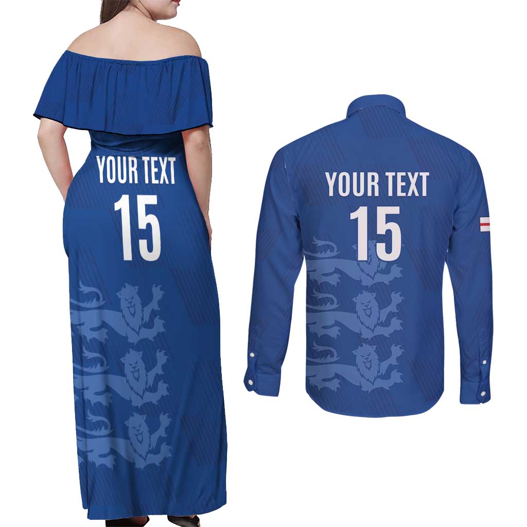Custom England Cricket Couples Matching Off Shoulder Maxi Dress and Long Sleeve Button Shirt Go Three Lions - Blue Ver