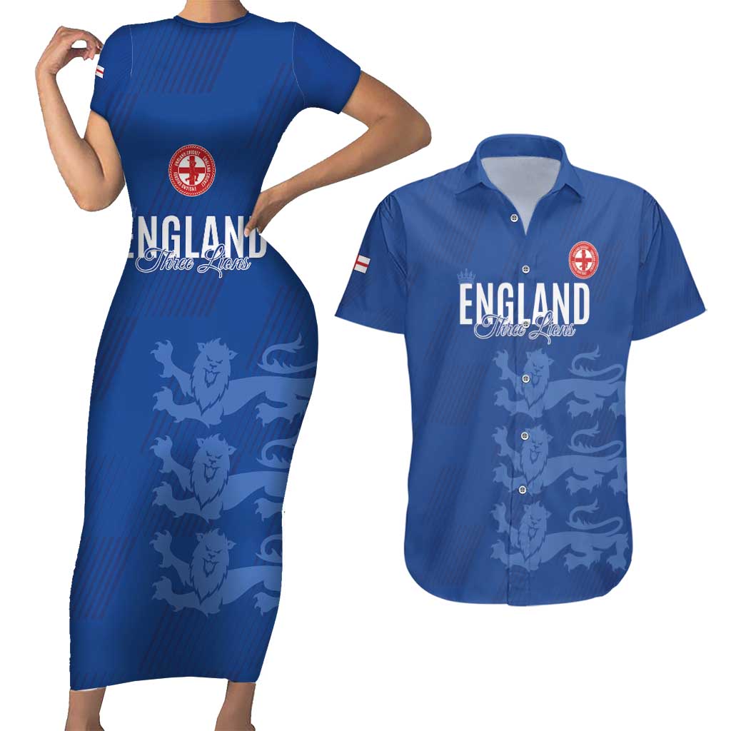 Custom England Cricket Couples Matching Short Sleeve Bodycon Dress and Hawaiian Shirt Go Three Lions - Blue Ver