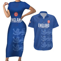 Custom England Cricket Couples Matching Short Sleeve Bodycon Dress and Hawaiian Shirt Go Three Lions - Blue Ver