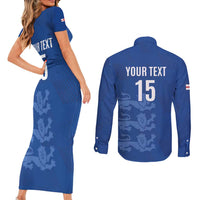 Custom England Cricket Couples Matching Short Sleeve Bodycon Dress and Long Sleeve Button Shirt Go Three Lions - Blue Ver