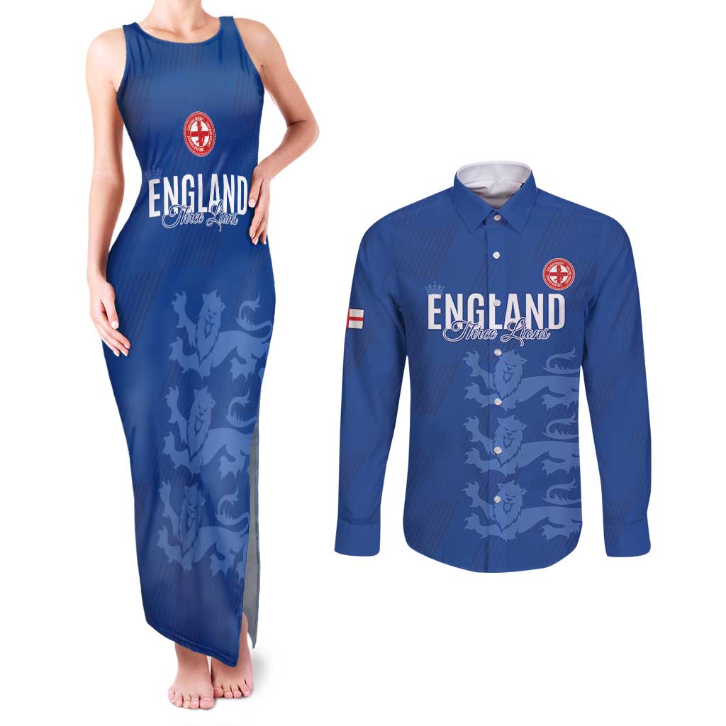 Custom England Cricket Couples Matching Tank Maxi Dress and Long Sleeve Button Shirt Go Three Lions - Blue Ver
