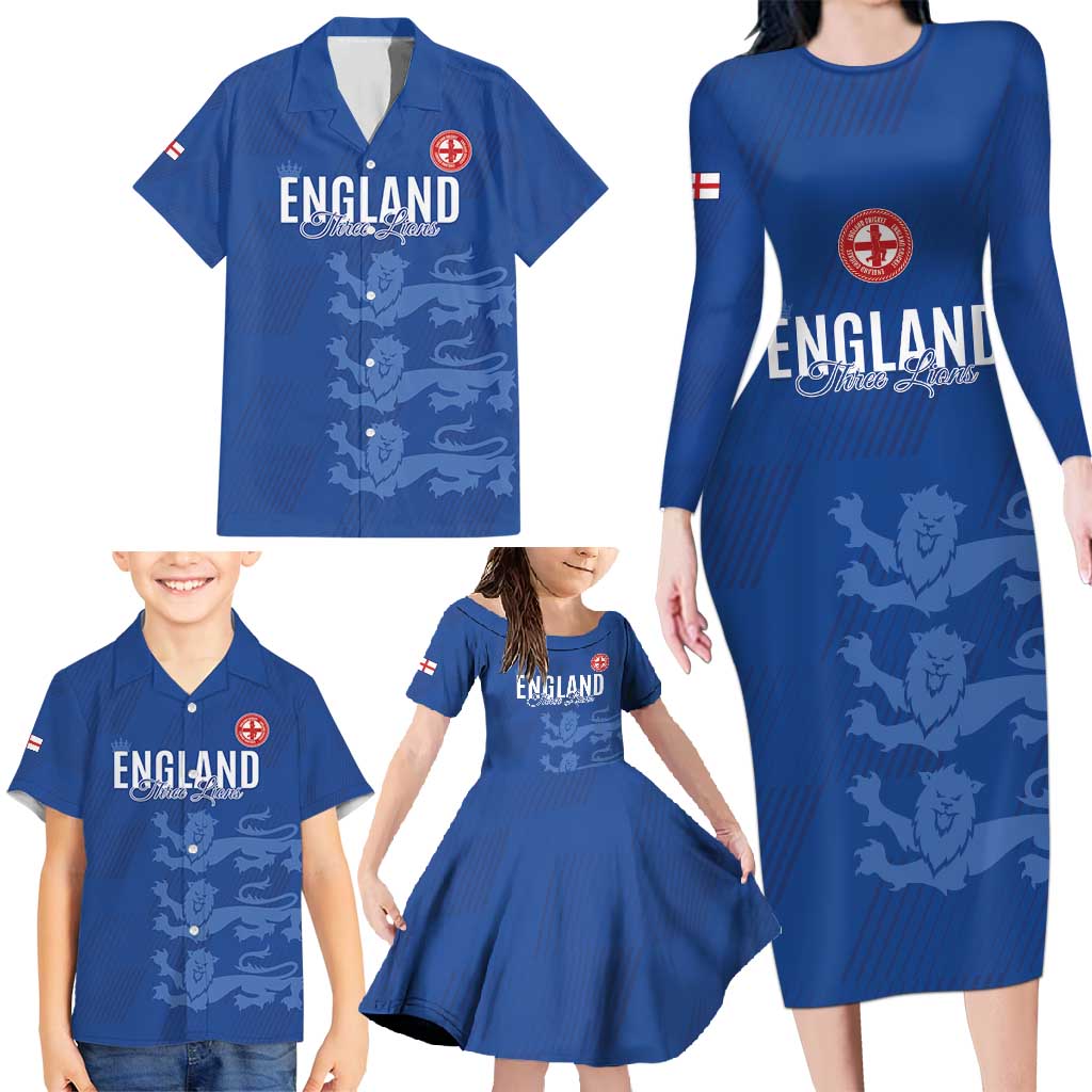 Custom England Cricket Family Matching Long Sleeve Bodycon Dress and Hawaiian Shirt Go Three Lions - Blue Ver