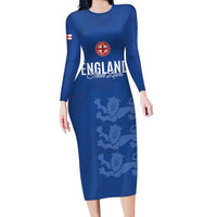 Custom England Cricket Family Matching Long Sleeve Bodycon Dress and Hawaiian Shirt Go Three Lions - Blue Ver