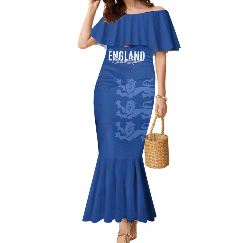 Custom England Cricket Family Matching Mermaid Dress and Hawaiian Shirt Go Three Lions - Blue Ver